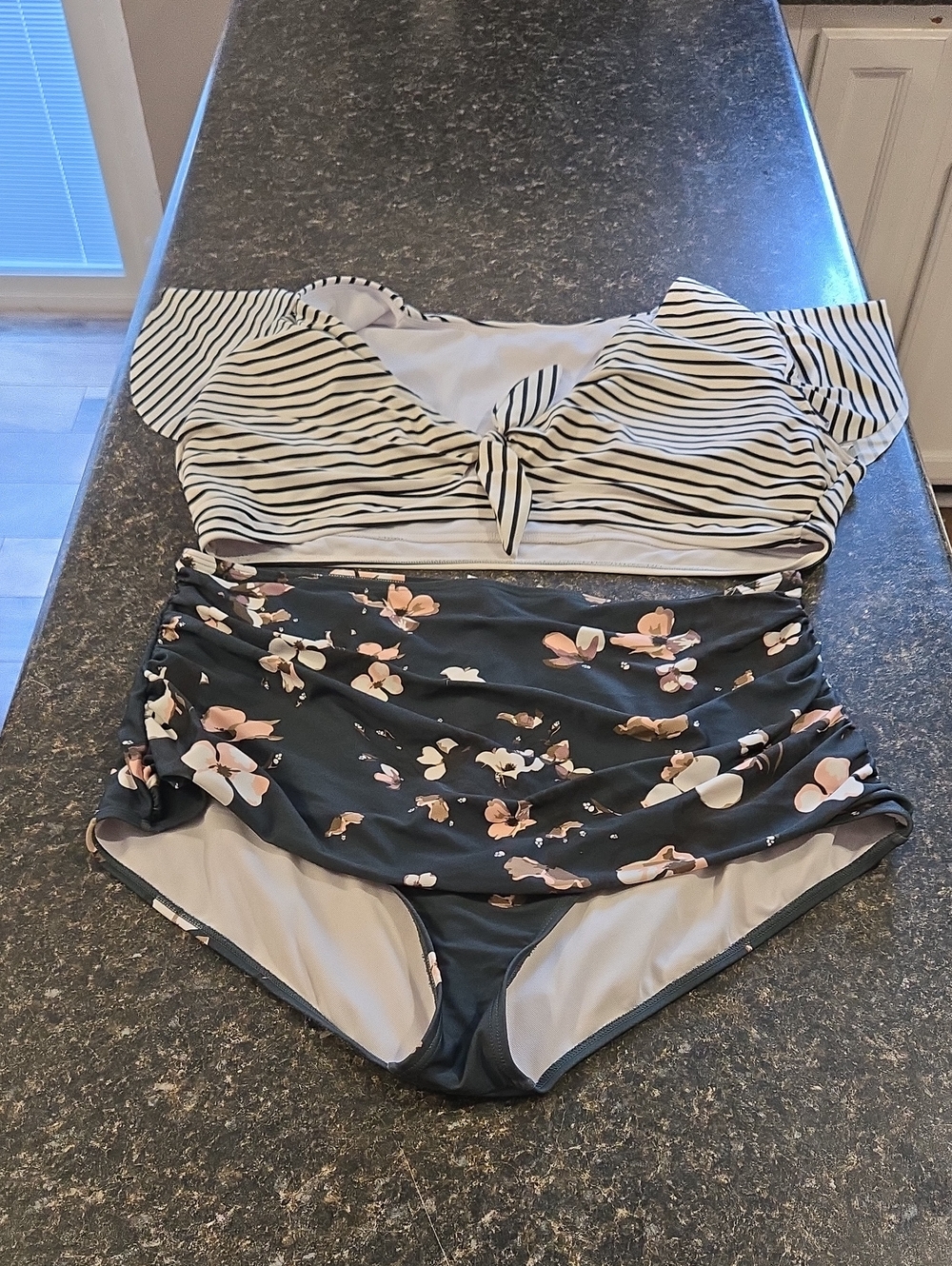 Striped Capped Sleeve Bikini Top and Floral High-Waist Bottom - Black & White